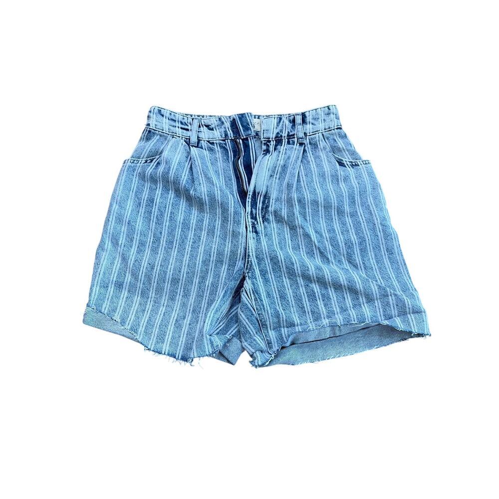 Free People Cutoff Denim Shorts Dogtown Striped Pleated Blue White Size 25